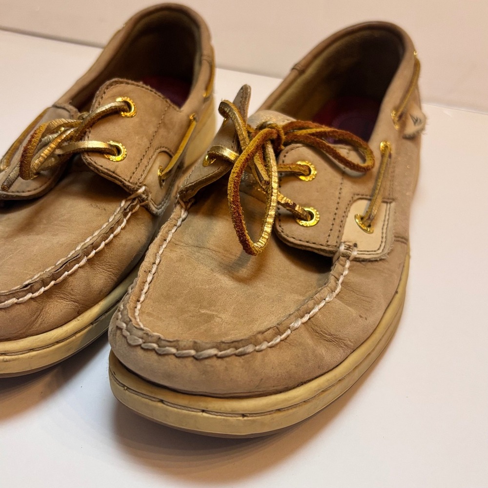 Sperry Top-Sider Women 9M Tan Leather Gold Metallic Boat Shoes boat Shoes Sperry - Picture 4 of 9